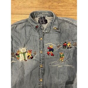 Winter Snow Embroidery Denim Shirt Christmas Womens Size M Button  Holiday